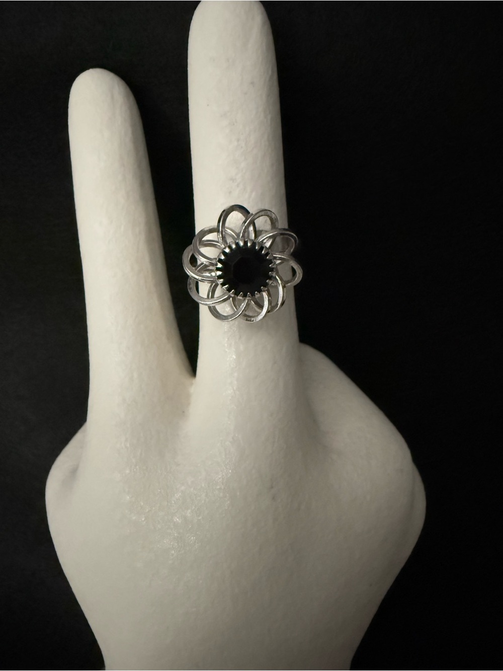 Silver Floral Ring with Black Center Stone